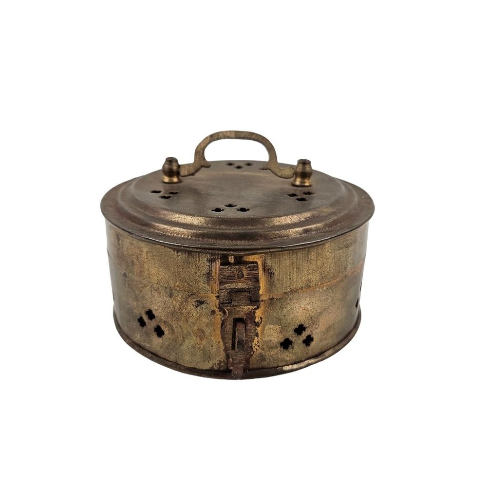 Vintage Round Cricket Keeper Box Trinket Potpourri Brass Handle Latch Lock